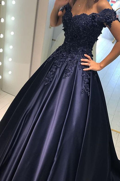 Dark Blue Lace Satin Off Shoulder Long Prom Dresses Evening Ball Gowns ...