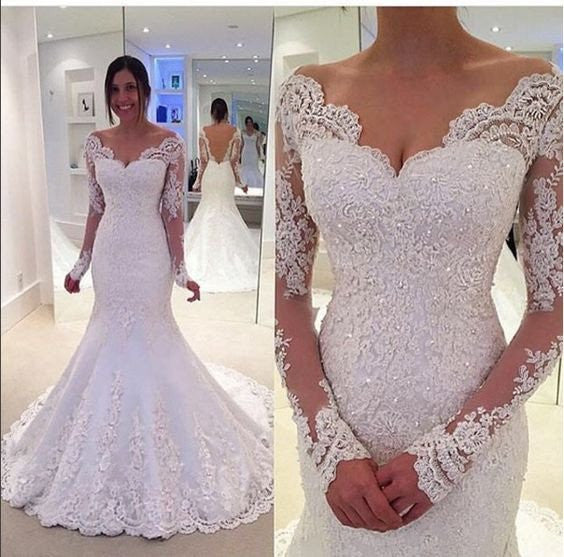 Mermaid Lace Sexy Backless Long Sleeves Wedding Dresses Bridal Gowns ...