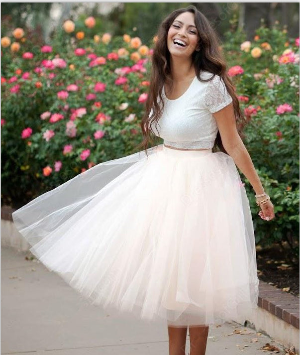 Short Sleeves 2 Piece Tea Length Prom Dress Homecoming Dresses for Par ...