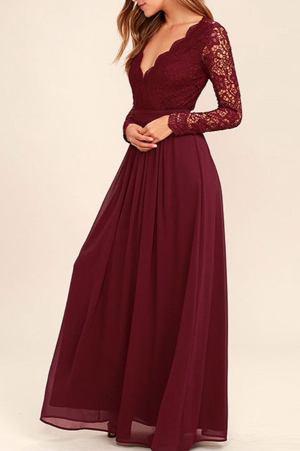 Dark Burgundy  Lace Long Sleeves Cheap Bridesmaid  Dress  