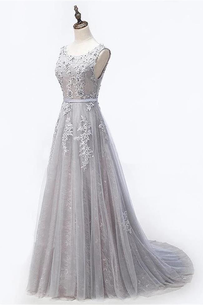 Real Picture Open Back Grey Lace Long Prom Dresses Formal Grad Dress ...