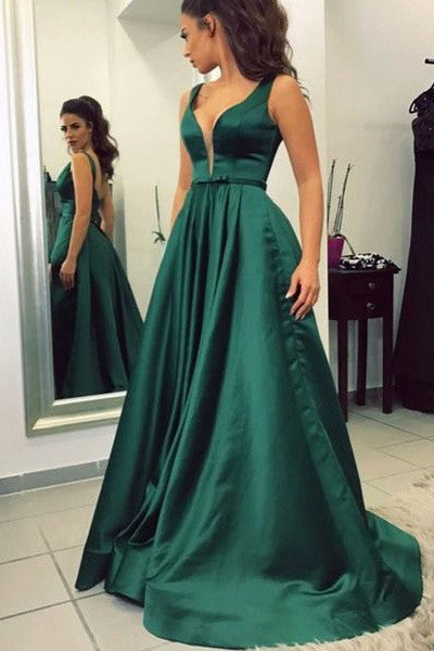 Open Back V Neck Elegant Dark Green Deep Charming Evening Prom Dresses ...