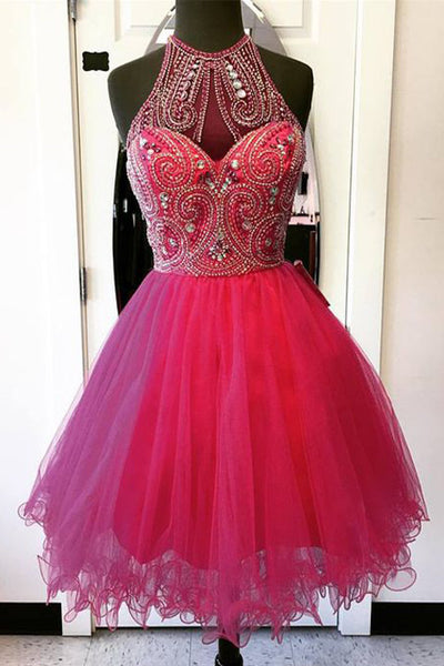 Hot Pink Bead High Neck Mini Length Cute Homecoming Dress Prom Dresses ...