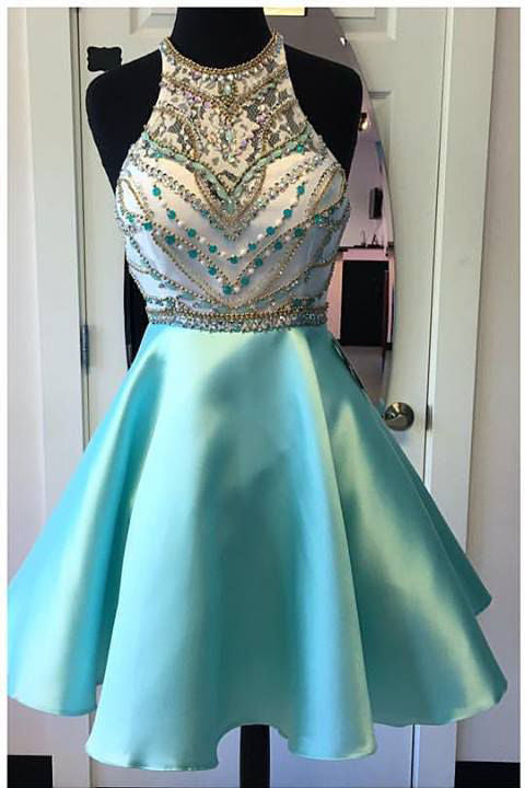 High Neck Turquoise Rhinestones Homecoming Dress Short Prom Dresses Gr ...