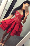 Red Lace Tiered Skirt Off the Shoulder Homecoming Dress Short Prom Dresses Party Gowns LD536