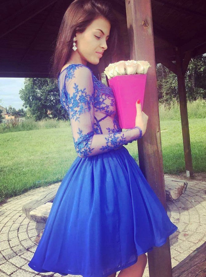 Long Sleeves Royal Blue Lace See Through Homecoming Dresses Short Prom ...