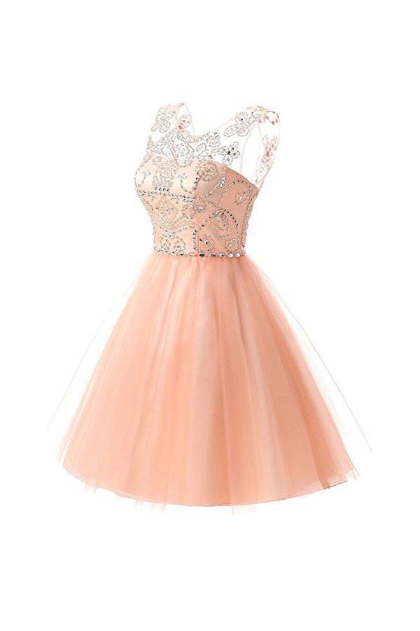 Blush Pink Tulle Beaded Short Homecoming Dress Party Gown Prom Dresses ...