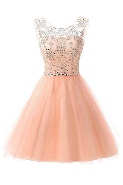 Blush Pink Tulle Beaded Short Homecoming Dress Party Gown Prom Dresses ...