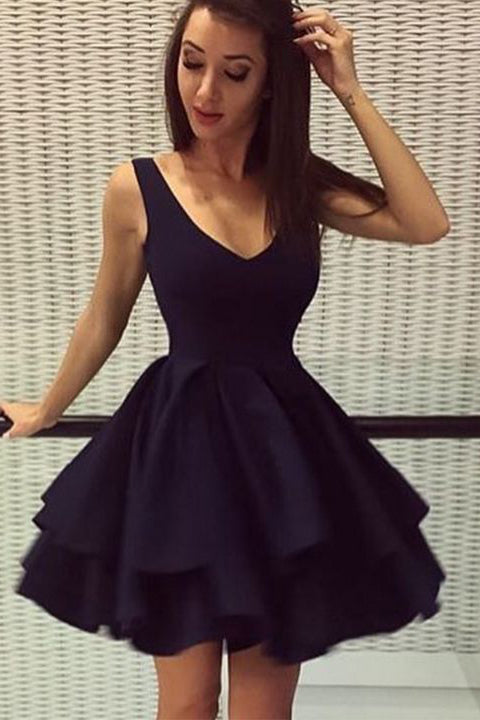 V Neck Off the Shoulder Black Satin Backless Homecoming Dress Short Pr ...