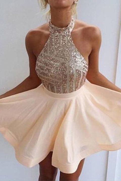 gold sequin halter dress