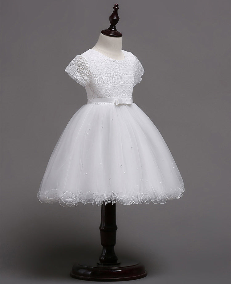 Princess Short Sleeves White Lace Tulle Long Flower Girl Dress ...