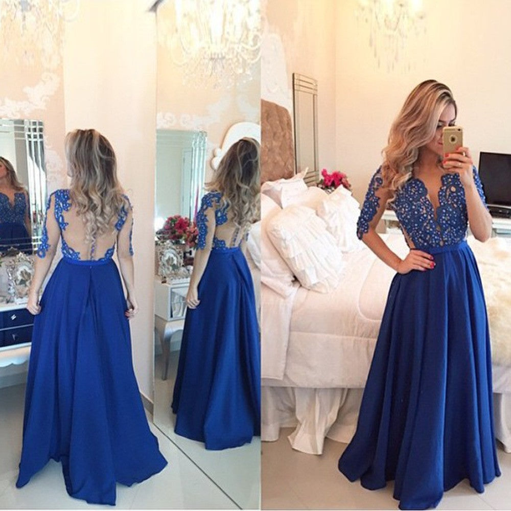 Half Sleeve See Through Royal Blue Prom Dress Evening Gown Party Dress ...