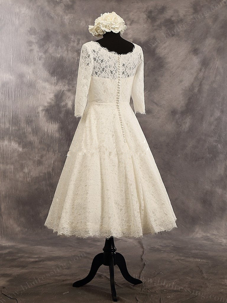 3/4 Long Sleeves Lace Tea Length Wedding Dress Bridal Wedding Gowns ...
