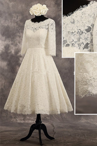 3/4 Long Sleeves Lace Tea Length Wedding Dress Bridal Wedding Gowns ...