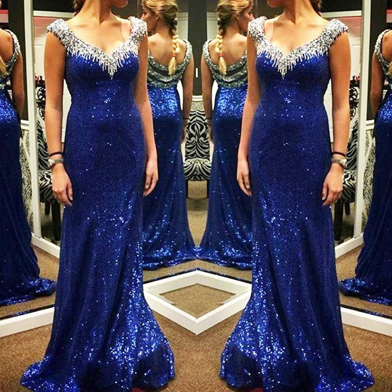 Shiny Royal Blue Sequin Mermaid Prom Dresses Evening Dress Party Gowns