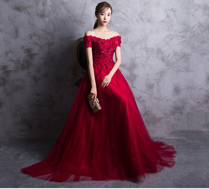 Short Sleeves Red Lace Appliques Prom Dresses Evening Gown Party Dress ...
