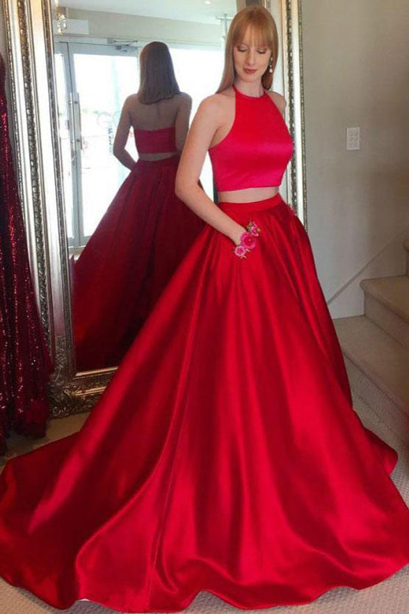 2 Pieces Halter Red Elegant Prom Dress Evening Party Dress With Pocket Laurafashionshop 