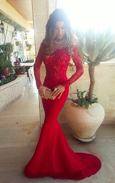 Sexy Mermaid Long Sleeve Red Lace Prom Dresses 2016 Lf0059 Laurafashionshop 1419