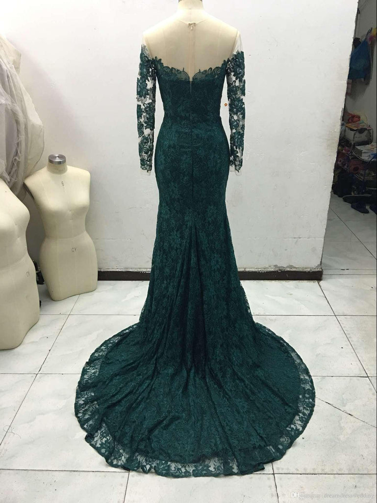 2016 Dark Green Long Sleeve Lace Sheath Evening Gown Lf0087 Laurafashionshop