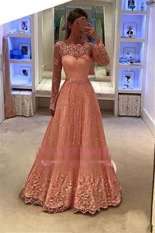 Blush Lace Beaded Detail Long Sleeve Evening Formal Dresses 2017 #LF02 ...