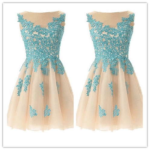 Blue Fitted Tulle Lace Short Prom Dress – Laurafashionshop