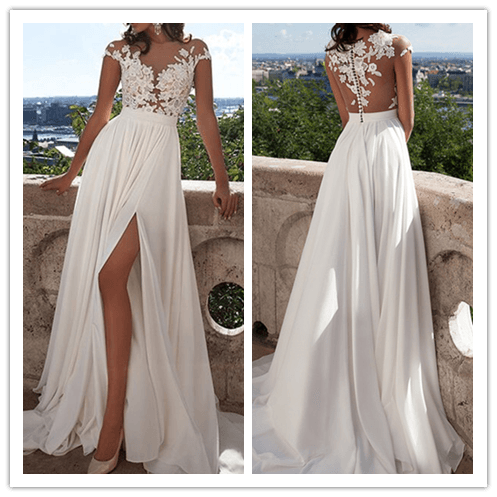Ivory Lace Cap Sleeves Beach Front Slit See Wedding Gowns ...