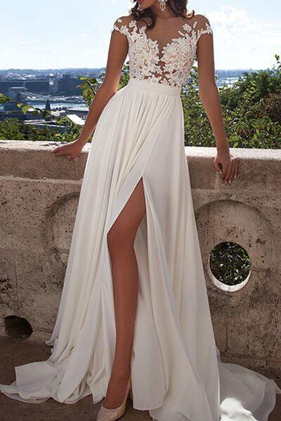 Ivory Lace Cap Sleeves Beach Front Slit See Wedding Gowns Laurafashionshop 6604