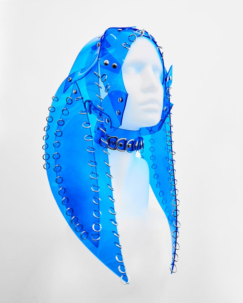 Rina Sawayama wears Jivomir Domoustchiev custom clear blue look for Brighton Pride  Spirit animal headpiece