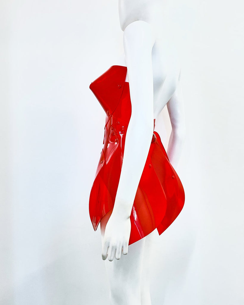 Chantelle Lee wearing Jivomir Domoustchiev Mini sculpture red dress