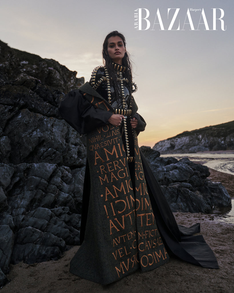 Gisela Olivera x Jivomir Domoustchiev gold ring harness dress x Harpers Bazaar Arabia