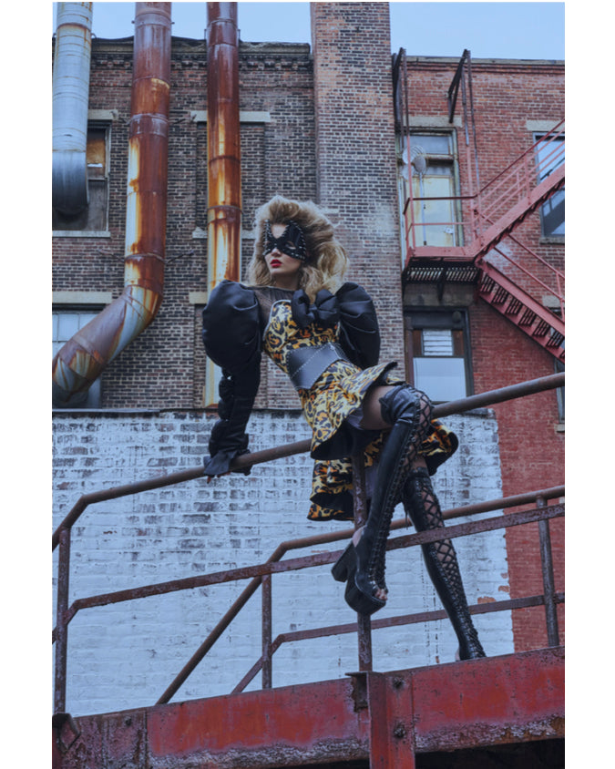 Josephine Skriver wearing Jivomir Domoustchiev vegan vinyl superhero studded mask x Sayuri Bloom x Collectible Dry magazine