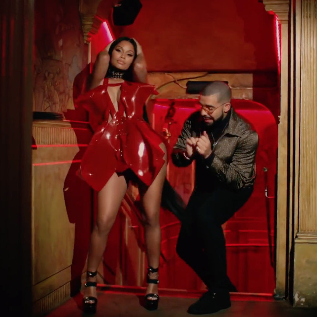 Nicki Minaj in Jivomir Domoustchiev custom red dress No Frauds video with Drake