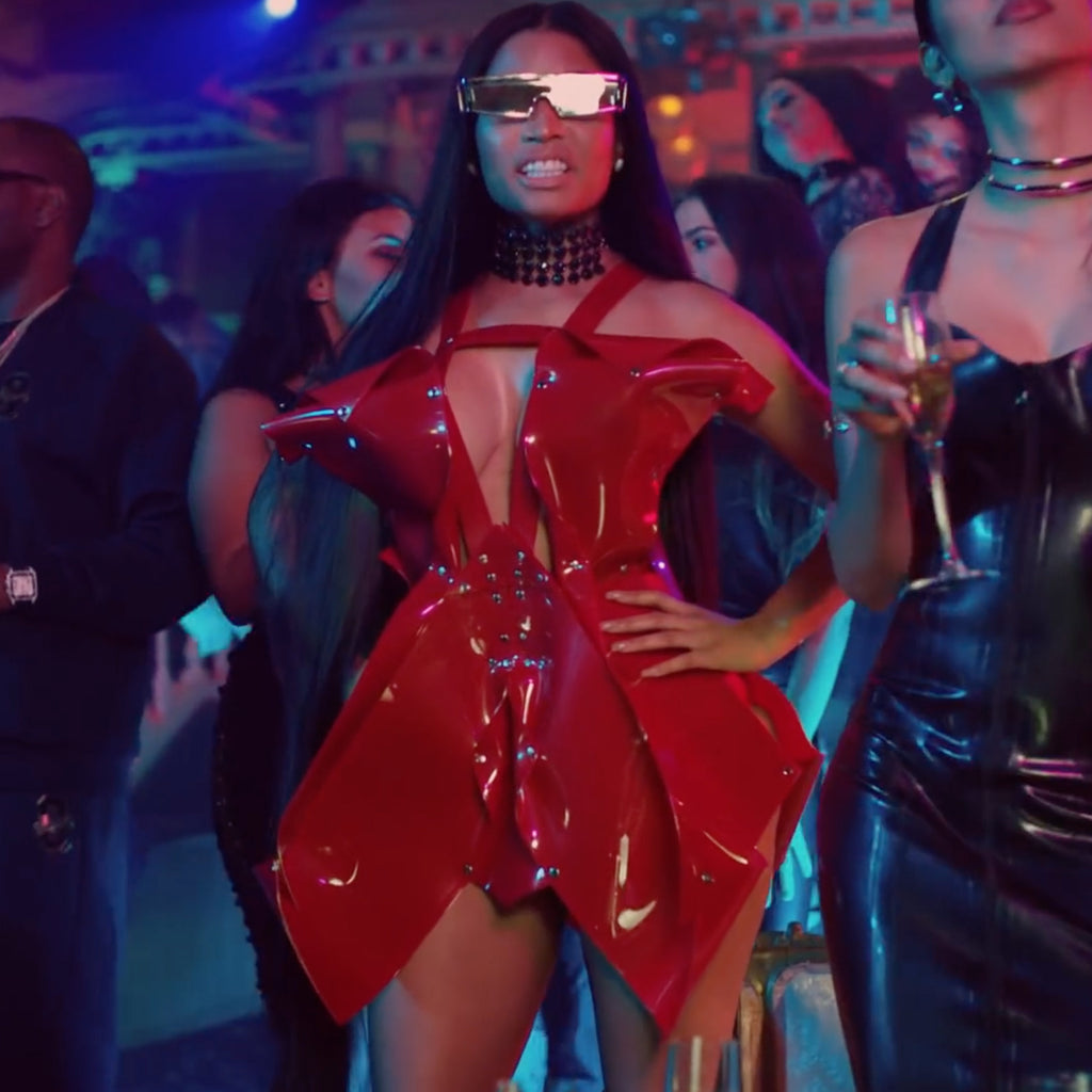 Nicki Minaj wearing Jivomir Domoustchiev custom red dress No Frauds video