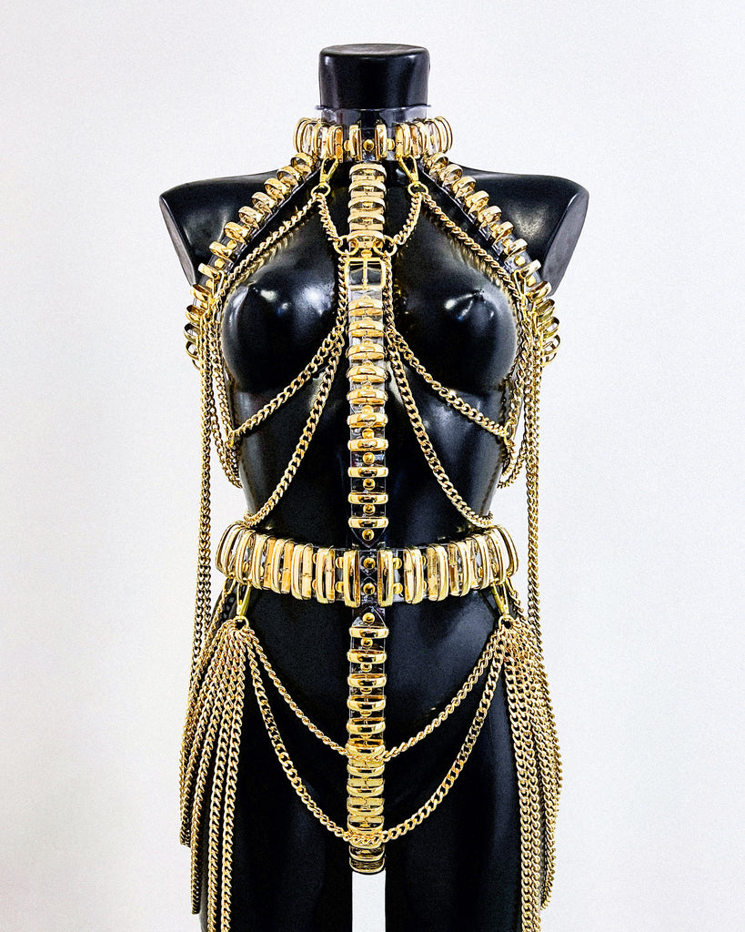 Jivomir Domoustchiev multi ring chain harness dress