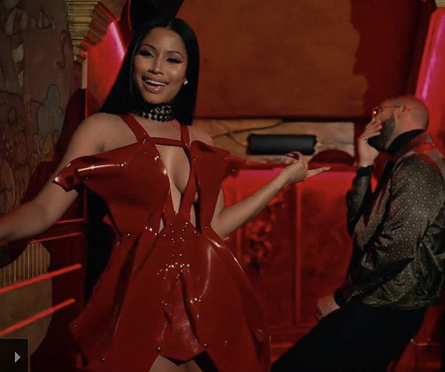 Nicki Minaj wearing Jivomir Domoustchiev red dress