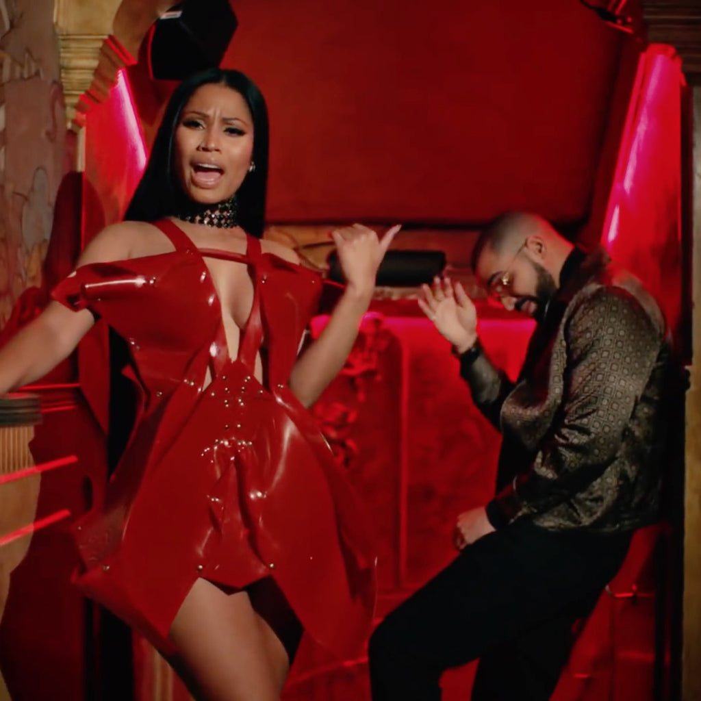 Nicki Minaj looking stunning in custom Jivomir Domoustchiev red dress