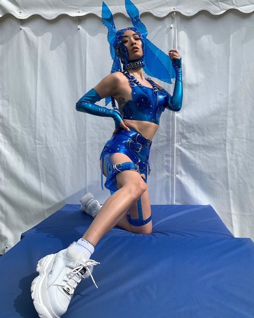 Rina Sawayama wears Jivomir Domoustchiev custom clear blue look for Brighton Pride