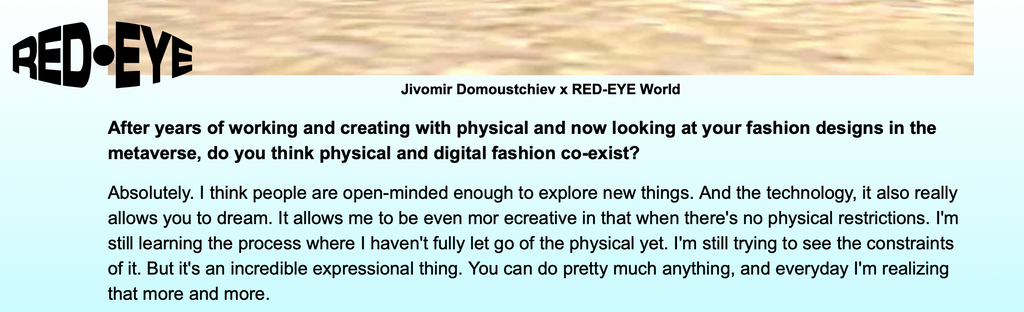 Jivomir Domoustchiev x Red Eye World metaverse interview fashion week digital fashion future