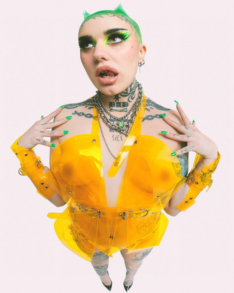 Zand wearing Jivomir Domoustchiev for here latest shots.  Wearing our Shapeshifter PUF coat also our Sculpture harness belted bustier, Robo Hipsters and matching Cuffs crafted to order and available from our home page.