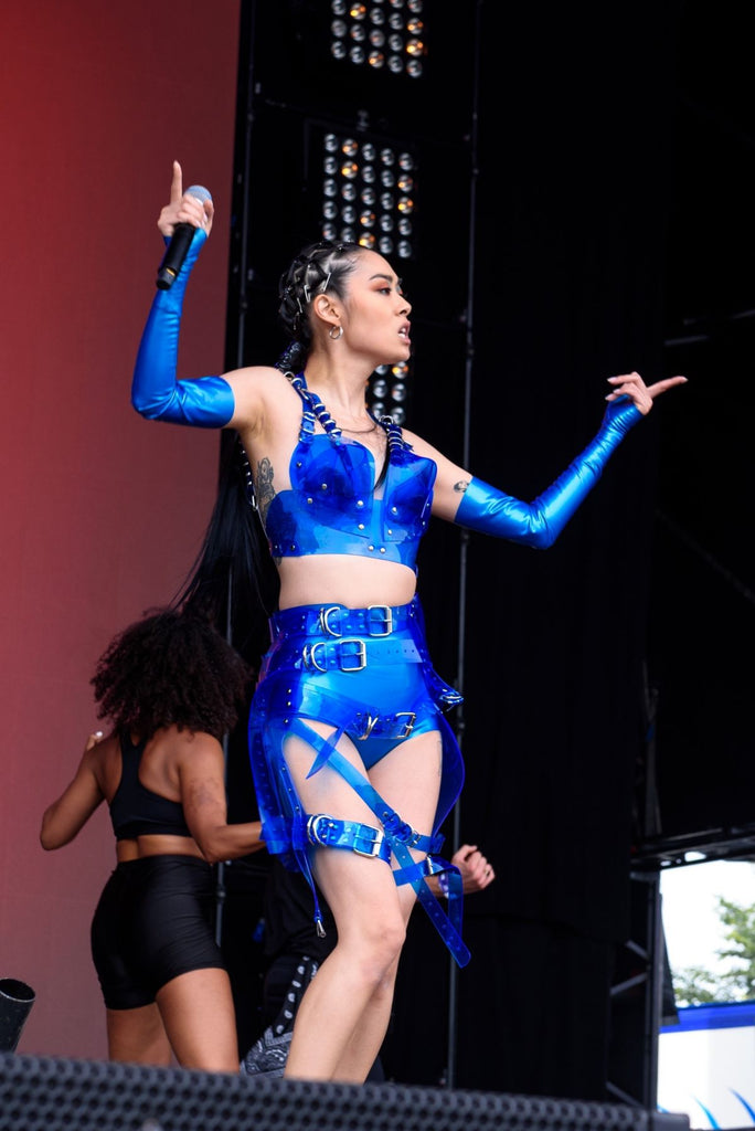 Rina Sawayama wears Jivomir Domoustchiev custom clear blue look for Brighton Pride