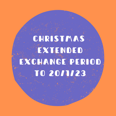 An orange tile with a blue circle, superimposed with white text reading: Christmas Extended Exchange Period to 20/1/23.