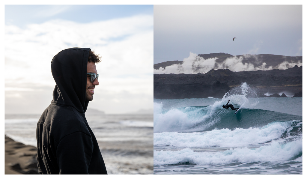 Hunter Jones standing wear OTIS eyewear sunglasses and a surfer surfing a wave in freezing water