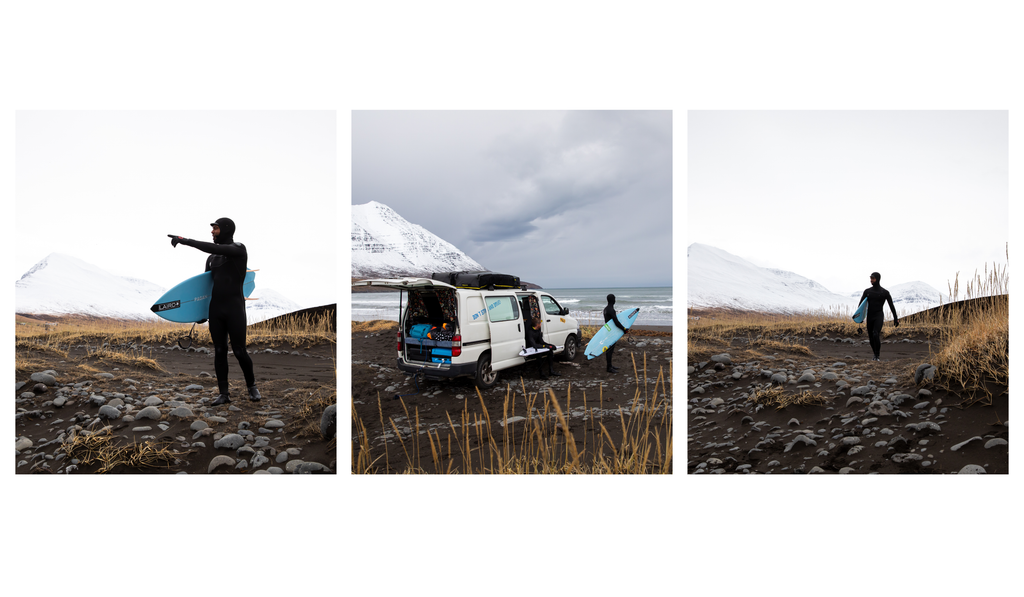 Three images of Hunter Jones on a surf trip to Iceland driving the van around and checking surf spots