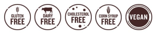 Gluten free, dairy free, cholesterol free, corn-syrup free, vegan