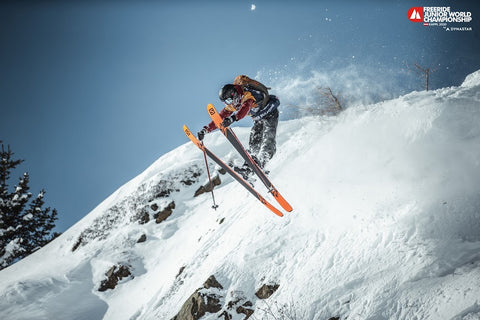 A photo of skier Ryder Bulfone skiing on a mountain.