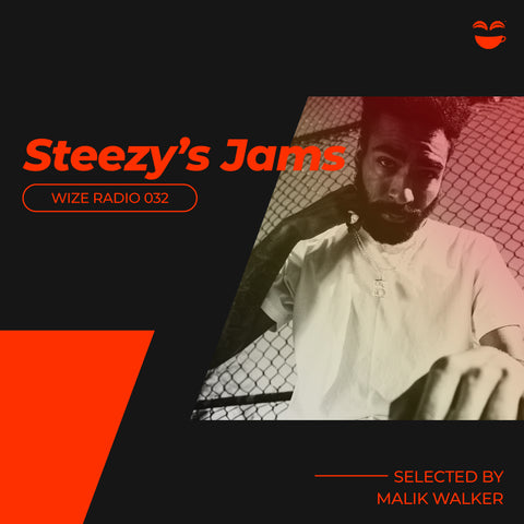 An image of the Spotify cover for Steezy's Jams, showing Malik Walker tugging at the collar of his white t-shirt.