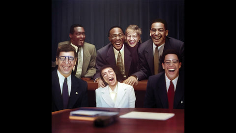 An image of the cover of Lil Yachty's new album, which shows a group of people in suits and formal work attire laughing, their faces distorted.