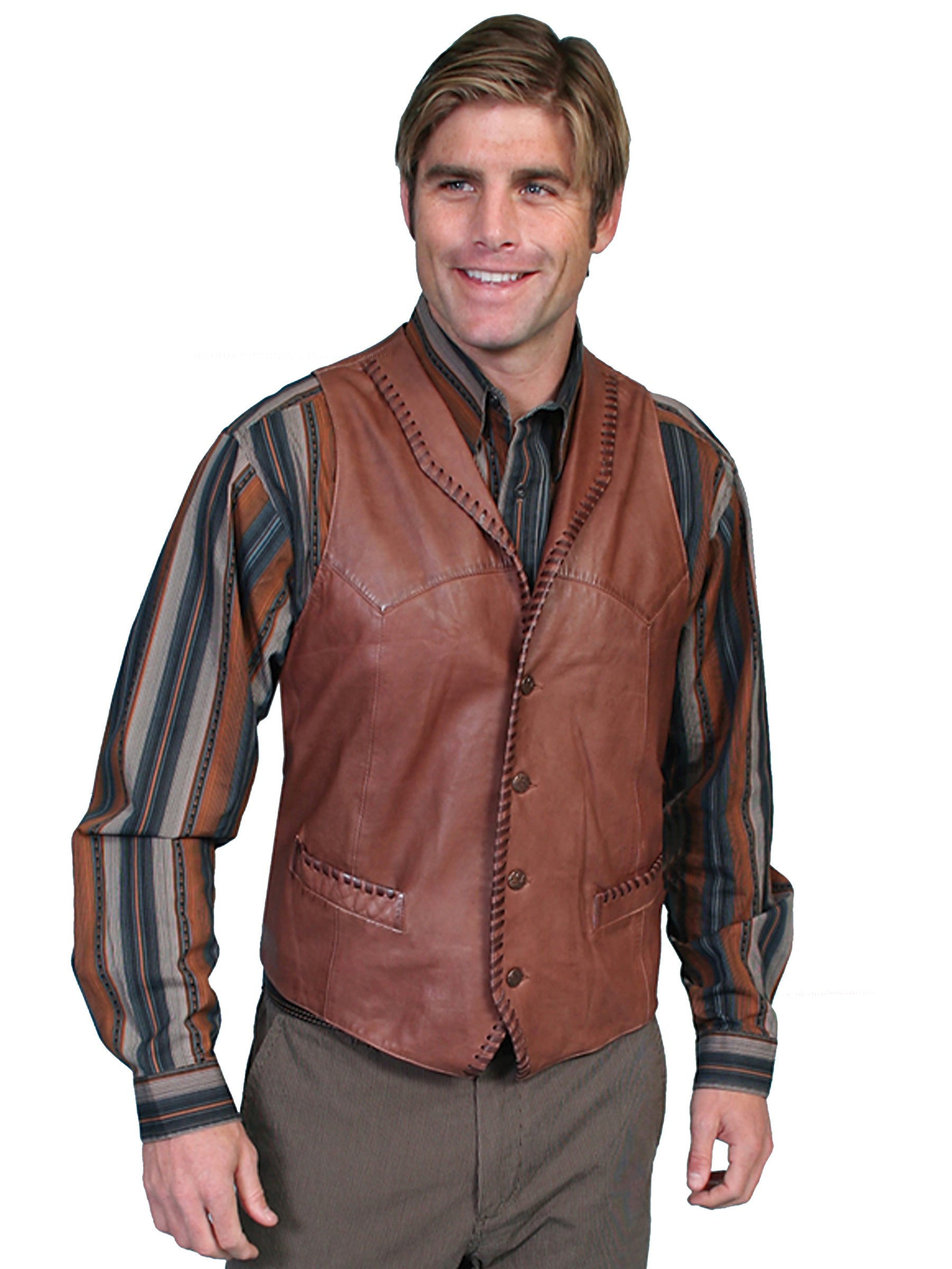 Men's Leather Vest Collection Vest: Scully Western Whip Stitch Lamb