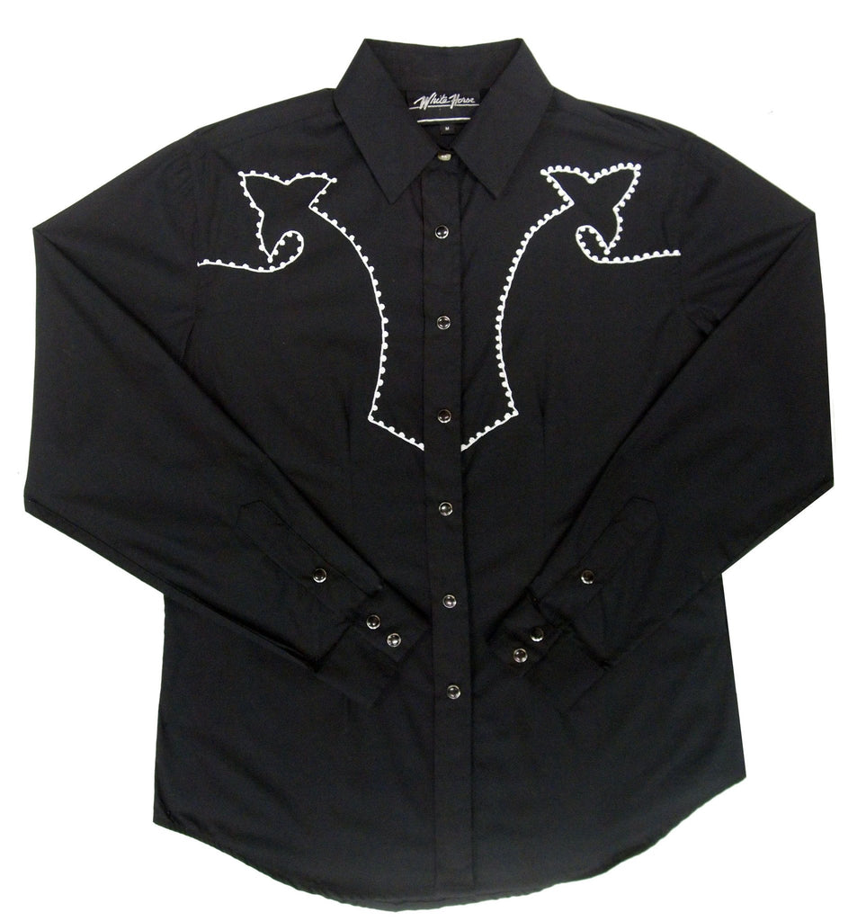 Embroidered Western Shirt: White Horse Women's Chain Stitch - OutWest Shop