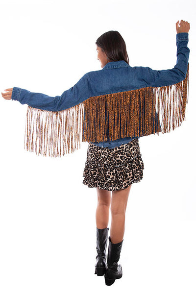 Scully Honey Creek Ladies' Denim Jacket Leopard Print Fringe Back HC647